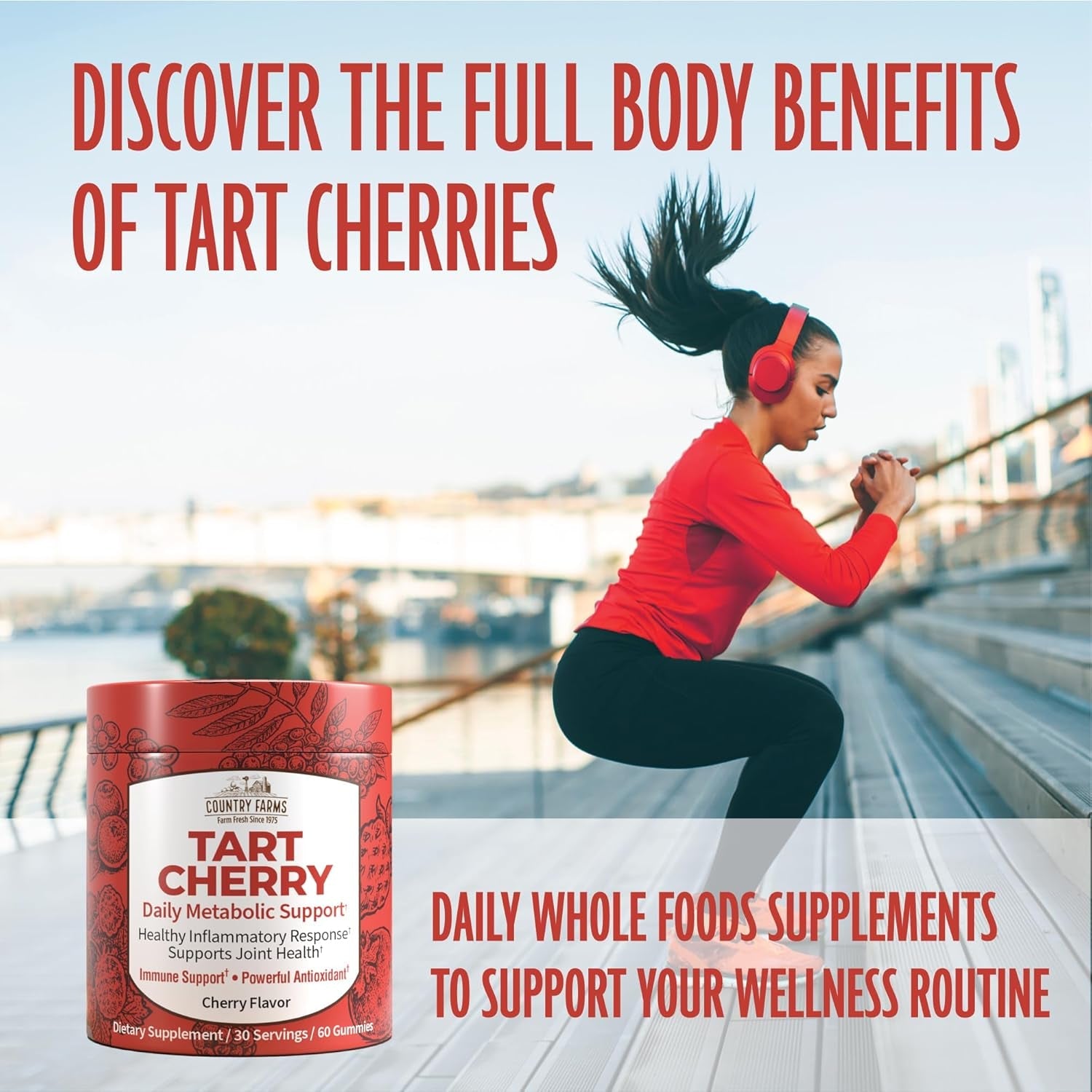 Country Farms Tart Cherry Gummies, Dialy Metabolic Support, Supports Bone Health, Packed with Potent Antioxidants, Cherry Flavor, 60 Gummies