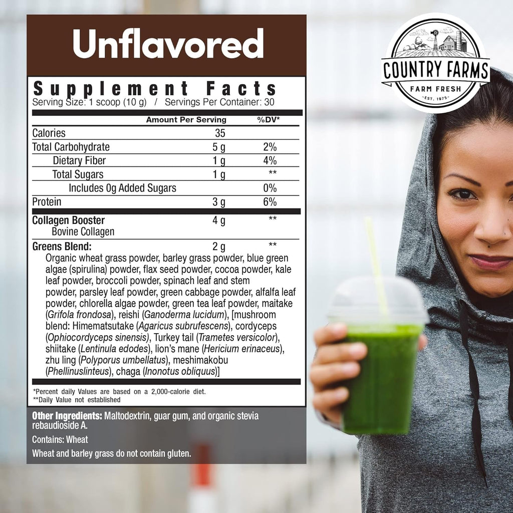 Country Farms Collagen Peptides Powder with Greens Dietary Powder Supplement (Type I, III) for Skin Hair Nail and Joints, Dairy/Gluten/Sugar Free, Energizing Superfoods, Natural, 10.6 Oz 30 Servings