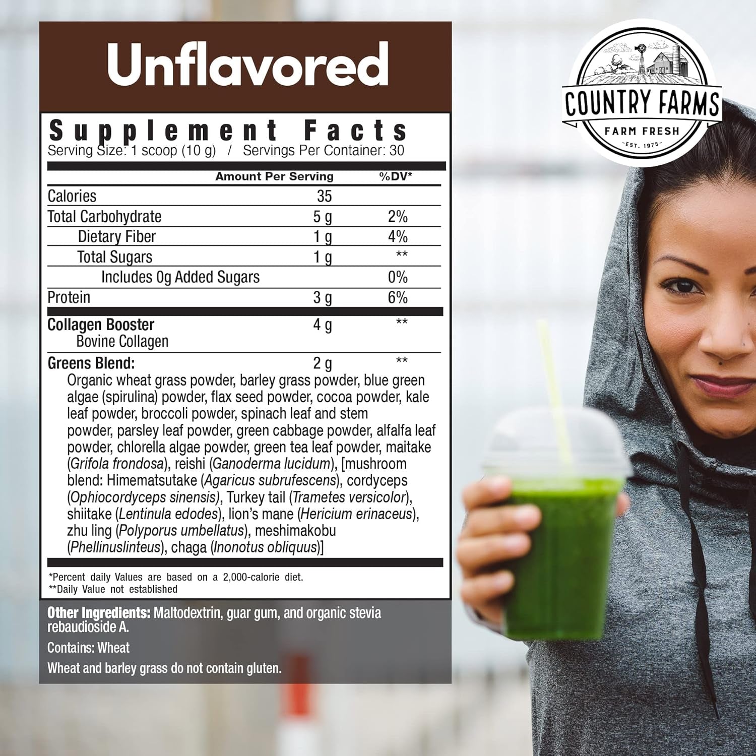 Country Farms Collagen Peptides Powder with Greens Dietary Powder Supplement (Type I, III) for Skin Hair Nail and Joints, Dairy/Gluten/Sugar Free, Energizing Superfoods, Natural, 10.6 Oz 30 Servings