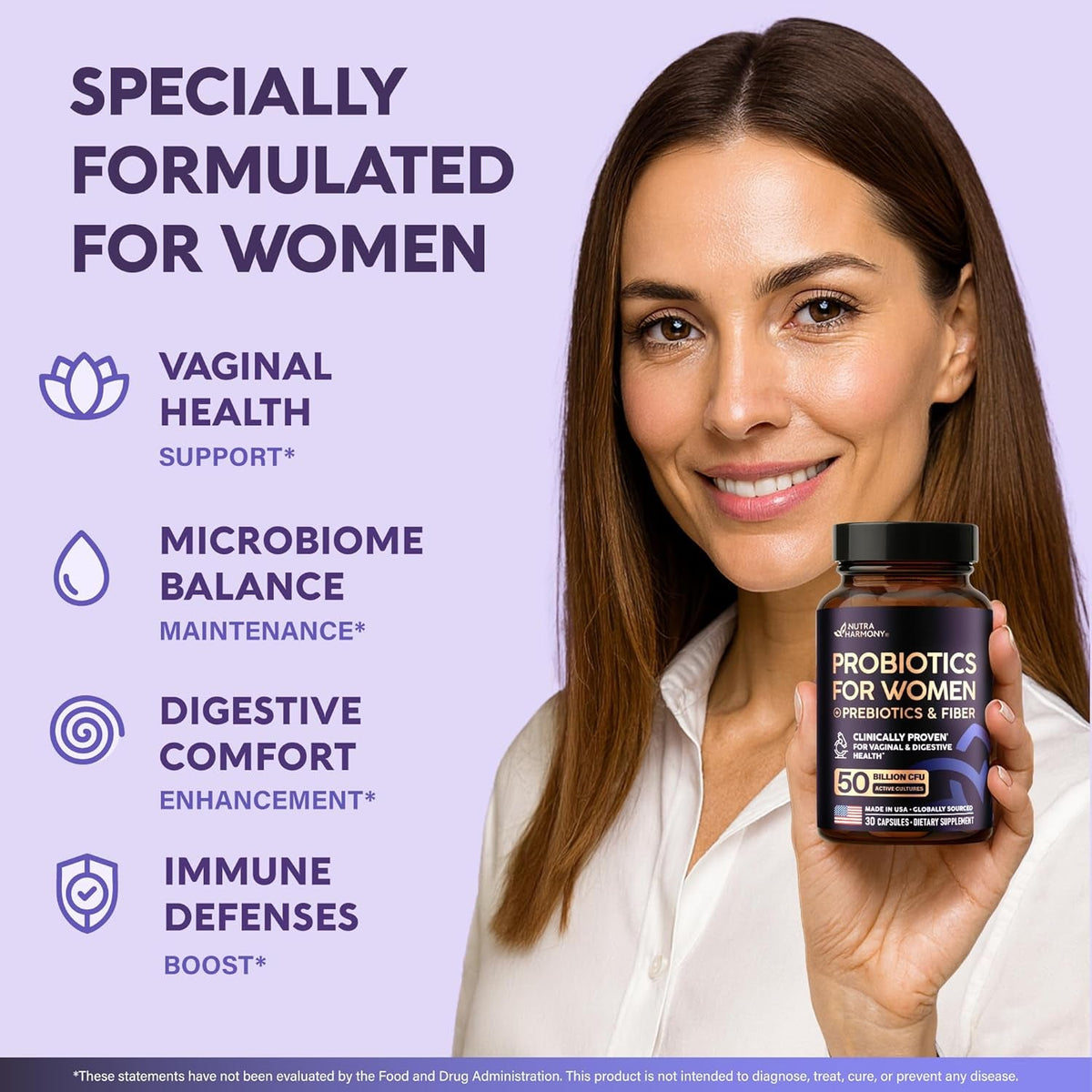 Probiotics for Women 50 Billion CFU - Vaginal Probiotics Clinically Proven for Yeast & Ph Balance - Digestion & Bloating Relief - 8 Strains + Prebiotics - Delay Release - Lab Tested, 30 Capsules