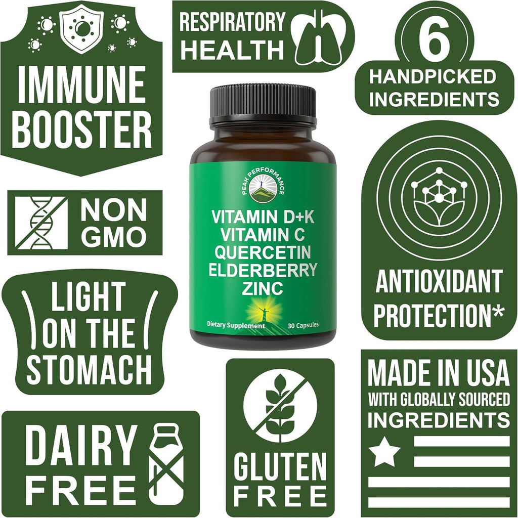 Peak Performance Immune Support Supplement - 6 Top Ingredients Vitamin D3 K2, Vitamin C, Elderberry, Zinc, Quercetin - Includes 5000 IU Vitamin D - Immunity Capsules - Supplements for Women and Men