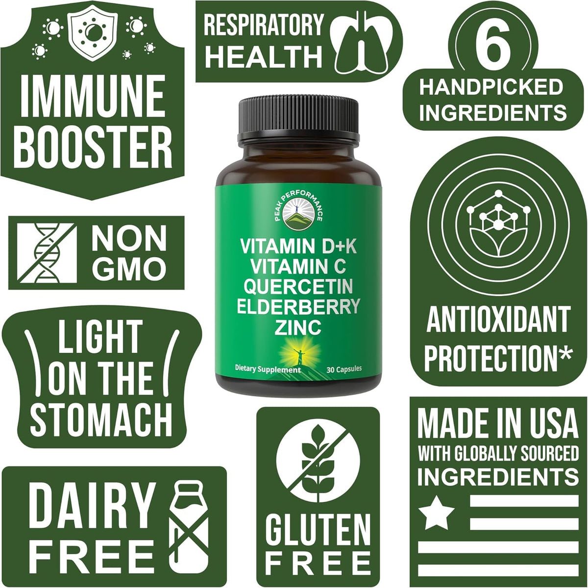 Peak Performance Immune Support Supplement - 6 Top Ingredients Vitamin D3 K2, Vitamin C, Elderberry, Zinc, Quercetin - Includes 5000 IU Vitamin D - Immunity Capsules - Supplements for Women and Men