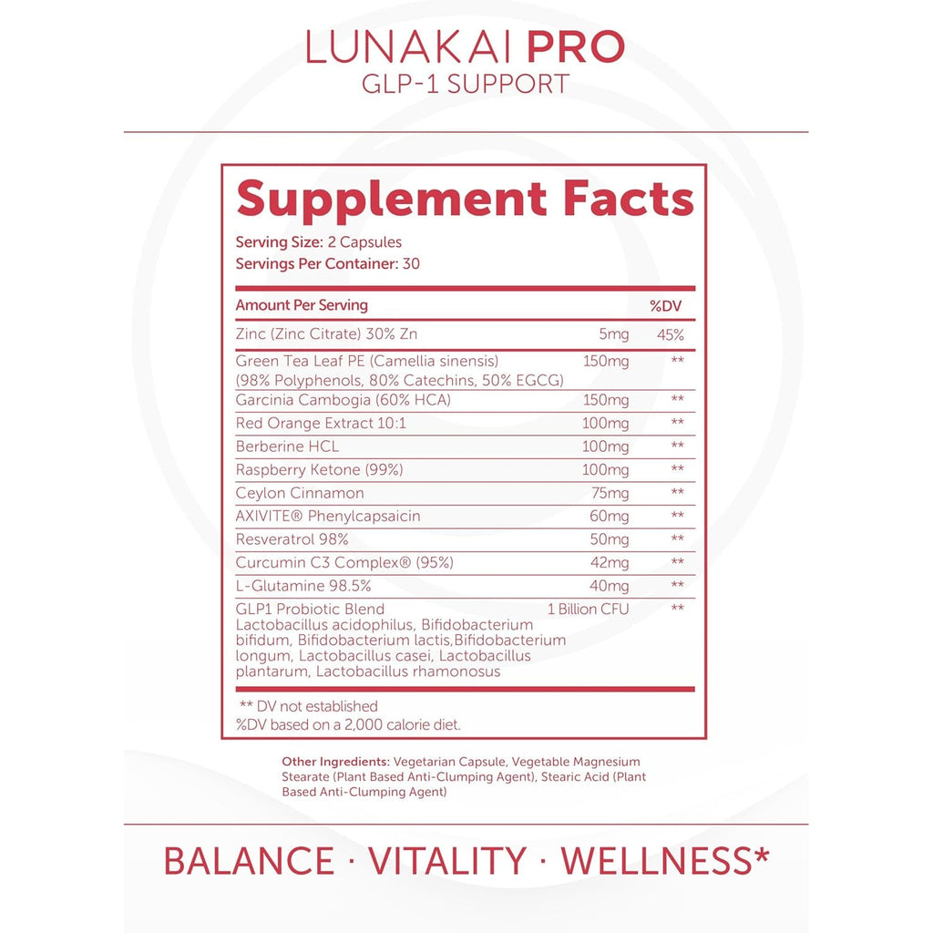 Lunakai USA Made GLP-1 Supplement - Natural GLP 1 Support with Probiotics & Resveratrol – Supports Weight Management, Cravings & Metabolism, 60Ct