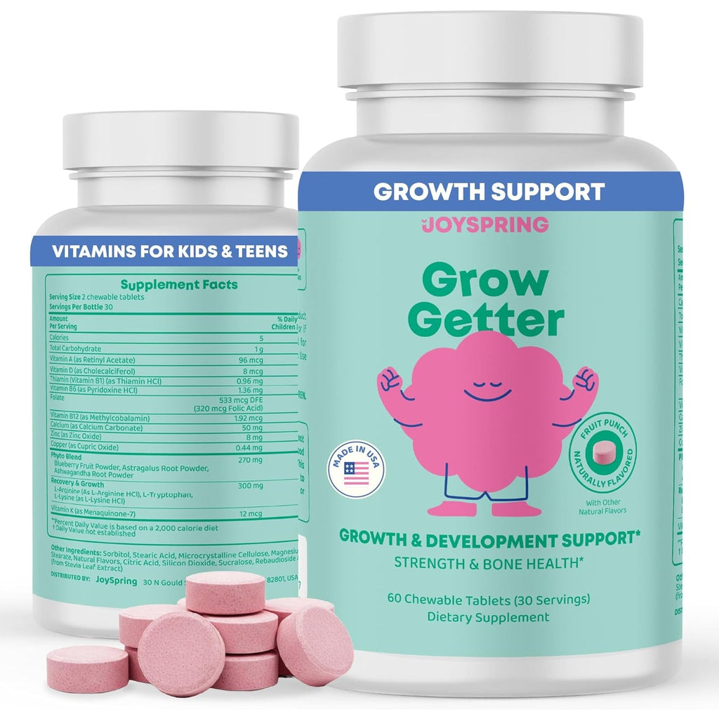 Joyspring Growth Vitamins for Teens & Height Support for Kids - Encourages Stronger Bones & Healthy Natural Growth - Sugar Free - L-Arginine, L-Lysine, Zinc, Vitamin D & K2-30 Servings