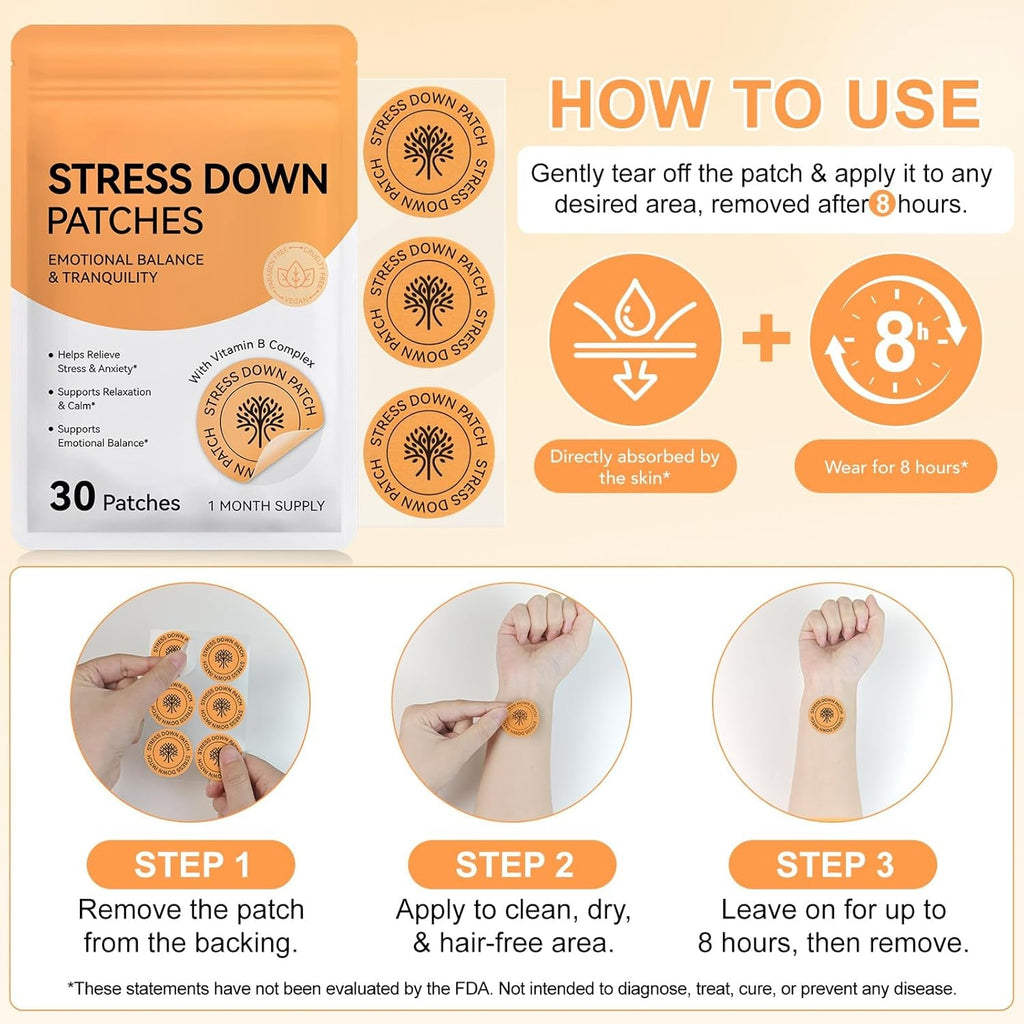 Stress down Patches - Stress & Anxiety Relief, Cortisol Level Support for Women Men, Plant-Based Formula - 30 Patches