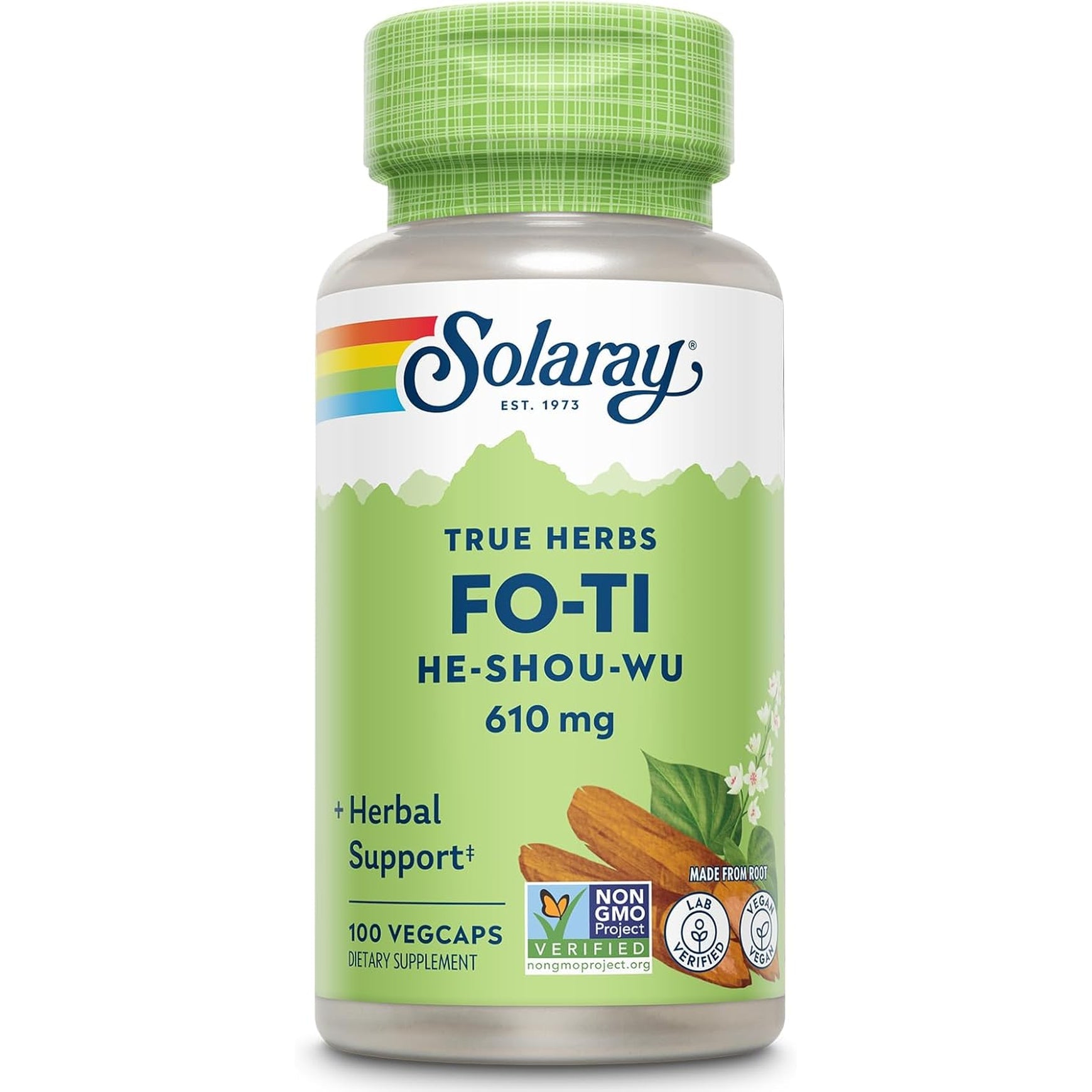SOLARAY Fo-Ti Capsules - Chinese Herbal Supplement for Men & Women, Support for Herbal Wellness, Vegan, Non GMO, & Lab Verified, 610 Mg - 100 Servings, 100 Veg Caps