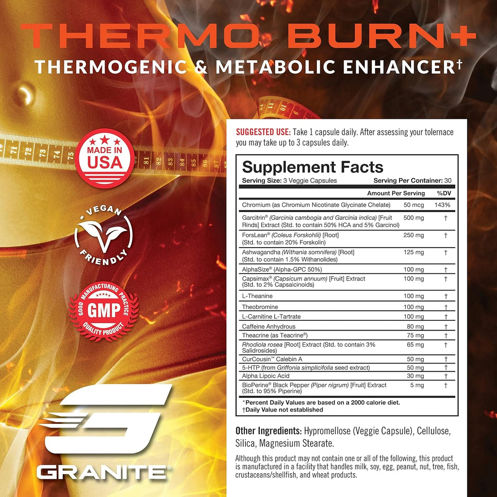 Granite Thermo Burn, New Advanced Formula for Thermogenic, Metabolic, Mood & Appetite Support with Alpha GPC, Theobromine, & 5-HTP, 90 Capsules