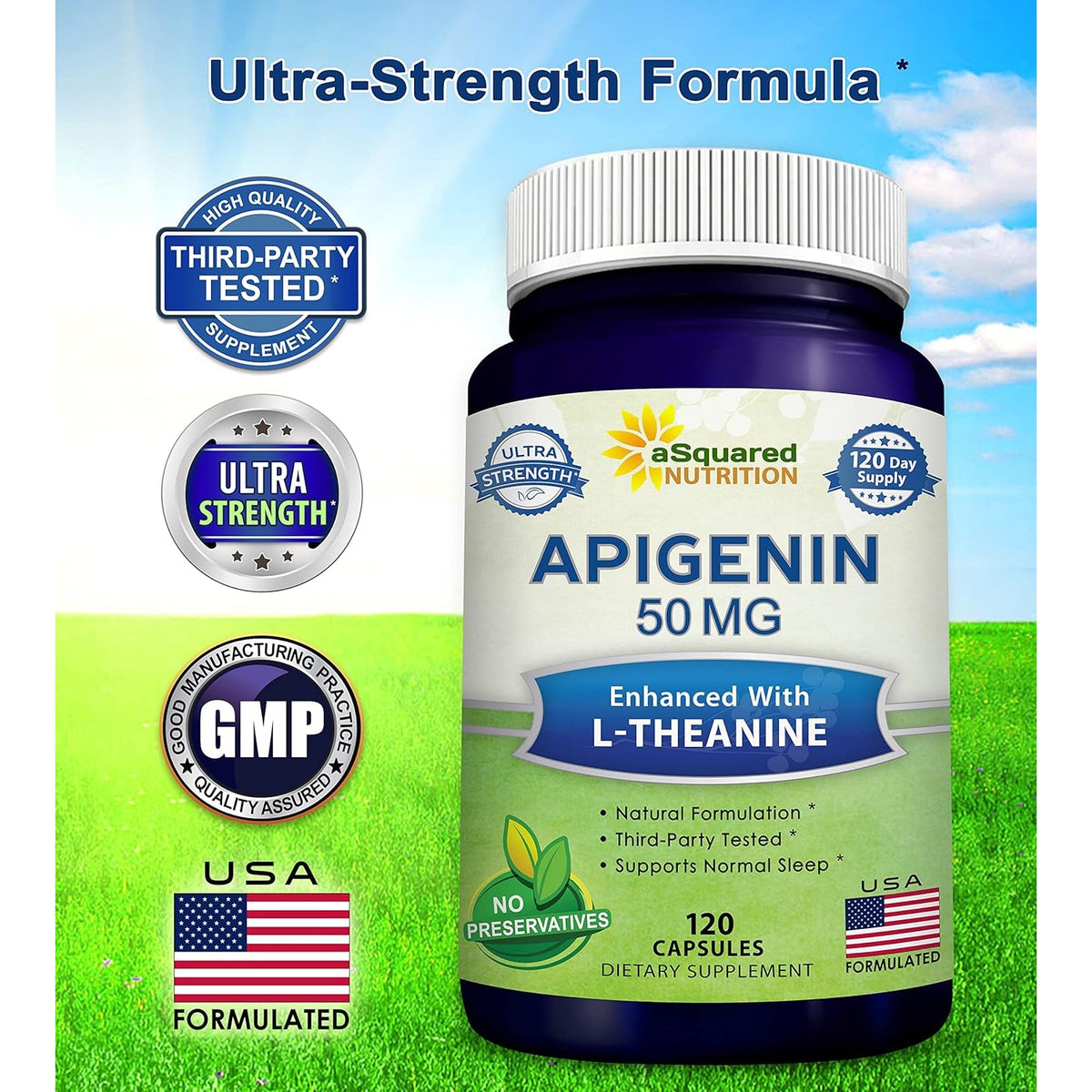 Asquared Nutrition Apigenin 50Mg & L-Theanine 200Mg - 120 Capsules - Apigenin Supplement Pills for Sleep and Relaxation - Natural Bioflavonoid Extract Found in Chamomile Tea