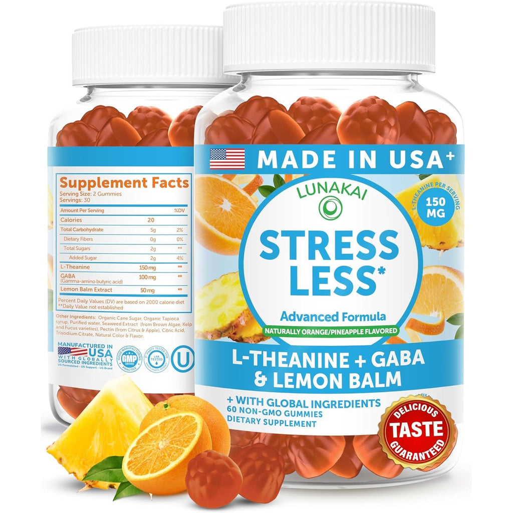 Lunakai USA Made Calm & Stress Relief Gummies – Delicious GABA + L-Theanine Calming Supplement for Adults & Kids – Natural Stress Support, 60Ct