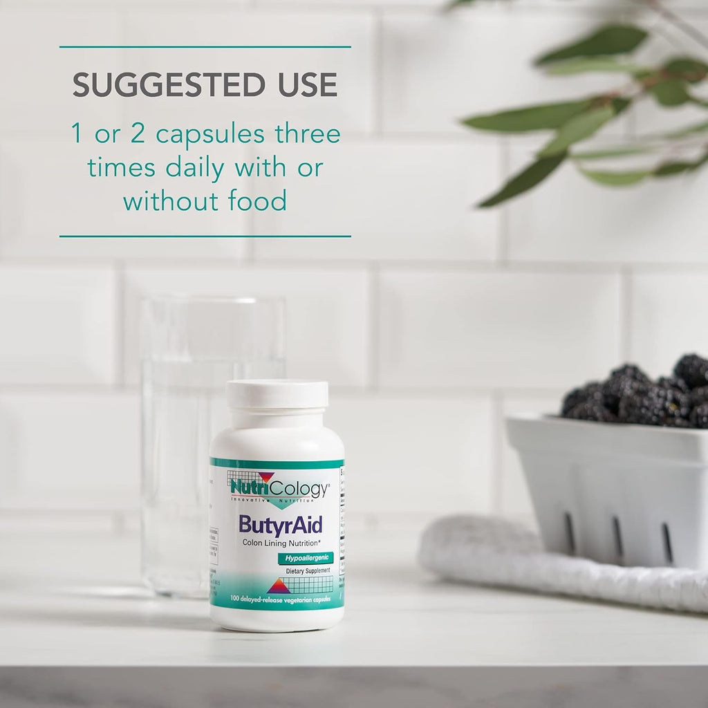Nutricology Butyraid Colon Lining Nutrition - Supports Gut and Colon Health - Digestive Support - Delivers 200 Mg - Vegetarian & Hypoallergenic - 100 Servings - 100 Delayed-Release Capsules