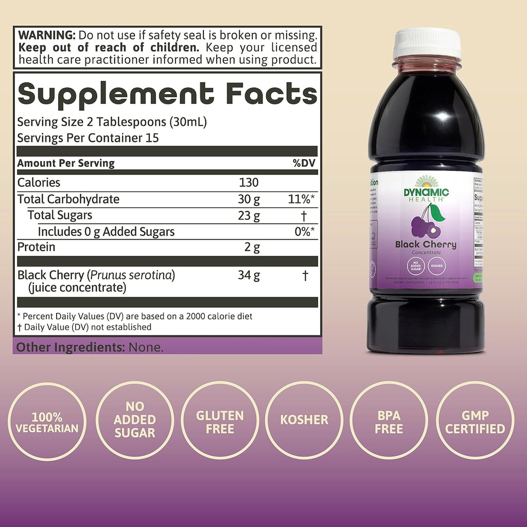 Dynamic Health 100% Pure Black Cherry Juice Concentrate, No Additives, Antioxidant Supplement, Urinary Tract & Joint Support, 16 Fl Oz