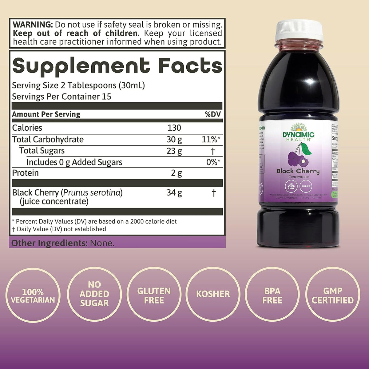 Dynamic Health 100% Pure Black Cherry Juice Concentrate, No Additives, Antioxidant Supplement, Urinary Tract & Joint Support, 16 Fl Oz