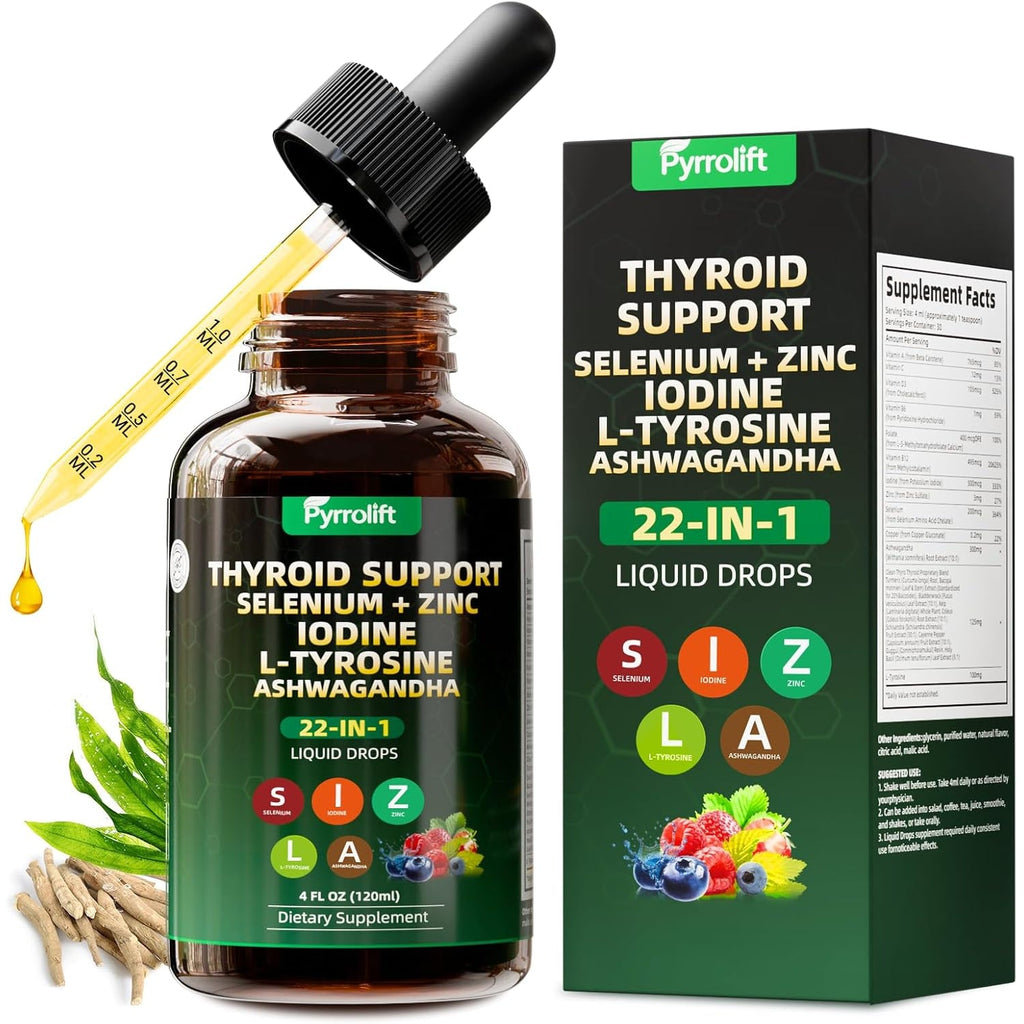 Thyroid Support for Women & Men, 22 in 1 Natural Herbal Formula Support Body Immune & Balance | Kelp Ashwagandha Turmeric Selenium Zinc L-Tyrosine Vitamin B12 | Thyroid Supplement Liquid Drops, 120 ML