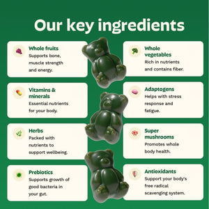 Gruns Adult Super Greens Multivitamin Gummies, Superfood Gummy Vitamins for Women and Men with Spirulina, Chlorella, Adaptogens & Prebiotic Fiber for Digestive Health (28 Count)