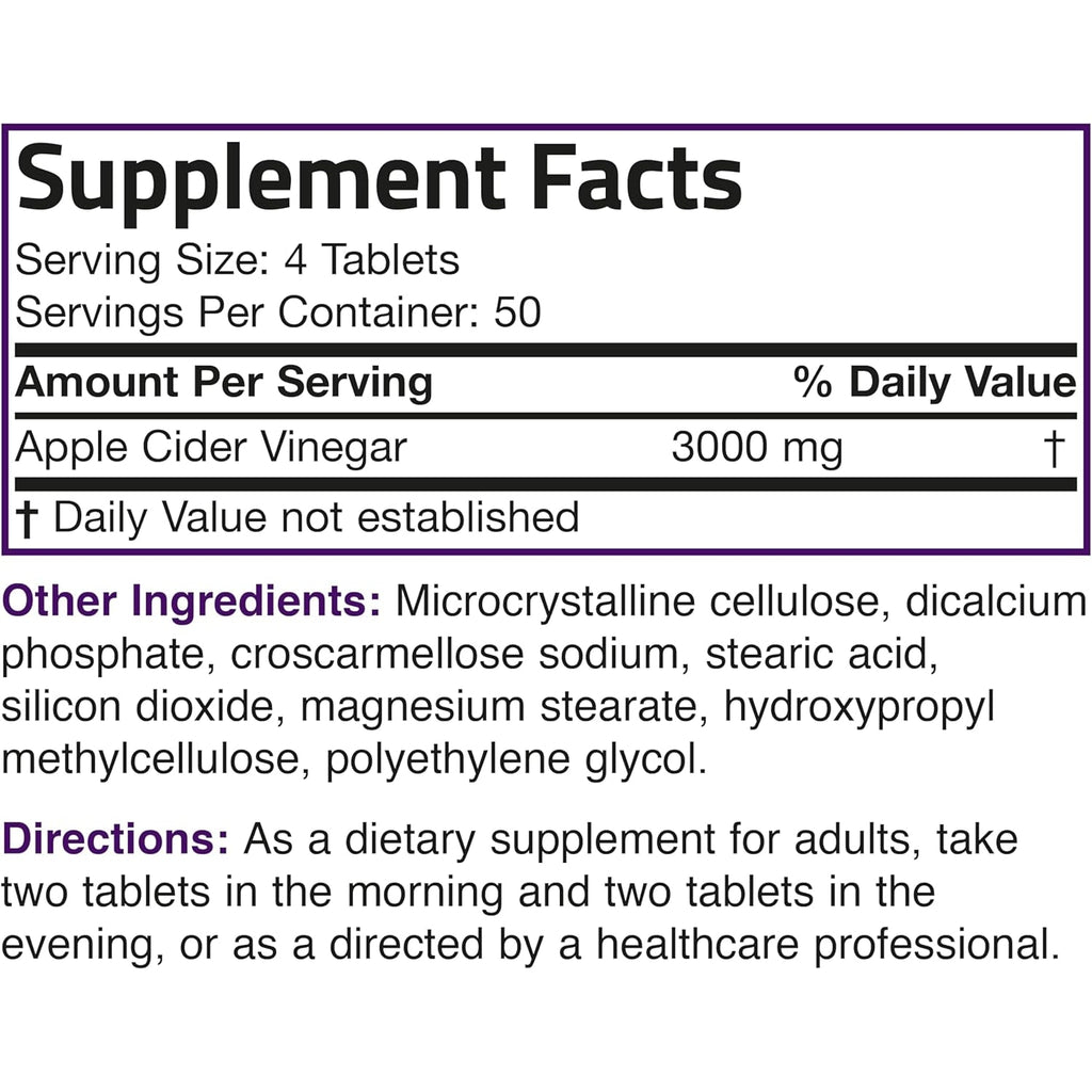 Bronson Apple Cider Vinegar 3000 MG per Serving Extra Strength - Non-Gmo, 200 Vegetarian Tablets