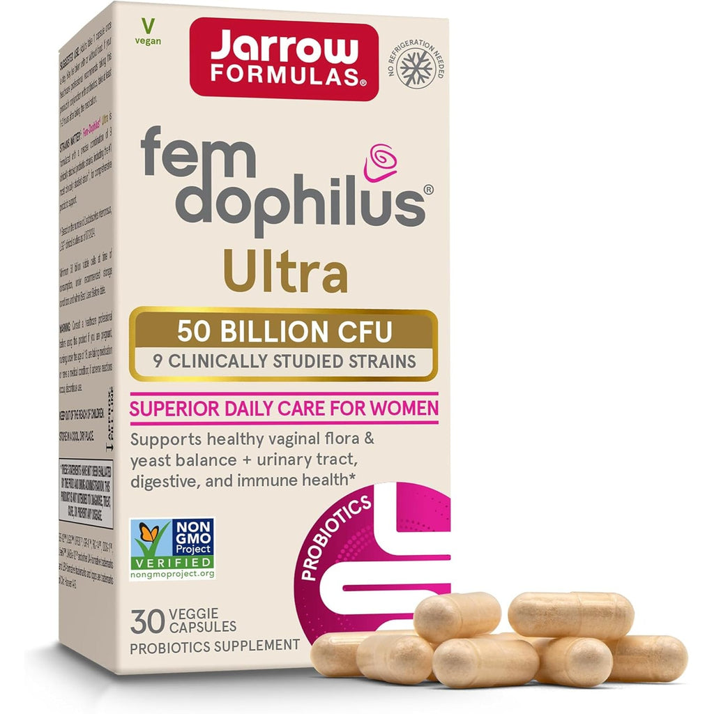 Jarrow Formulas Fem-Dophilus Vaginal & Digestive Probiotic 50 Billion CFU, 9 Clinically-Studied Strains, for Vaginal Flora & Yeast Balance, Urinary Tract, Digestive, & Immune Support, 30 Capsules