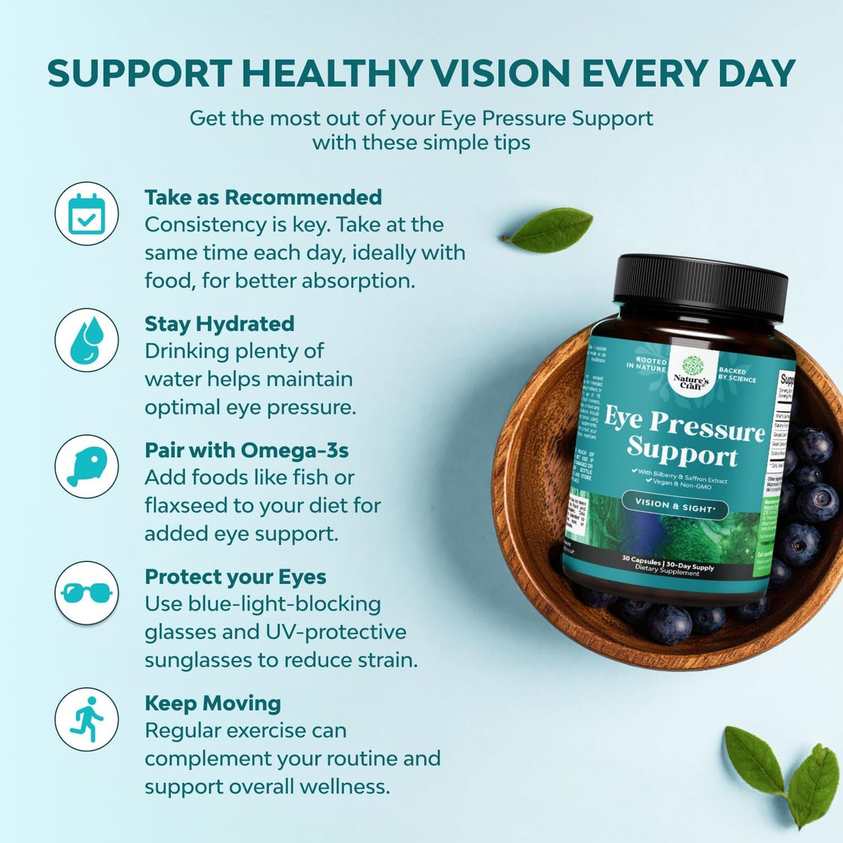 Natures Craft Eye Pressure Support with Bilberry Extract - Vegan Eye Health Supplement for Adults for Ocular Pressure Relief with Saffron Ginkgo Niacin and More Vitamins Vision Support - 30 Count