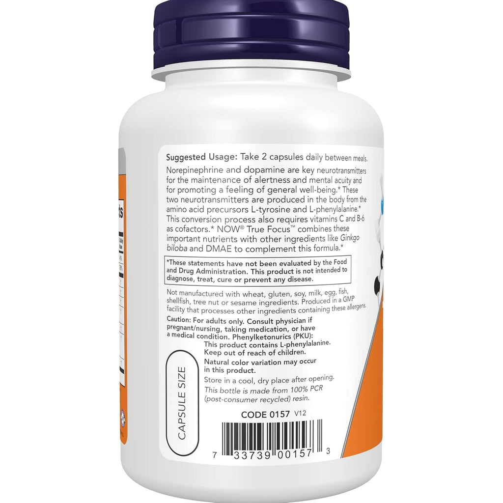 NOW Foods Supplements, True Focus™ with Amino Acids, Ginkgo, DMAE + Coq10 and Grape Seed Extract , 90 Veg Capsules