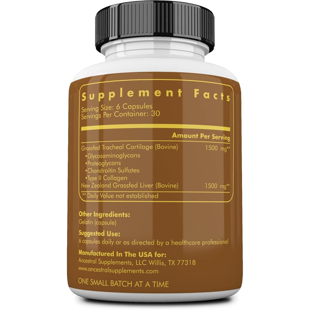 Ancestral Supplements Grass Fed Beef Tracheal Cartilage Supplement with Liver, 3000Mg, Immune Health and Joint Support Supplement Promotes Healing, Non-Gmo, 180 Capsules