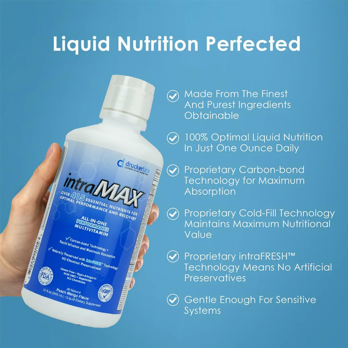 Intramax Organic Liquid Multivitamin, Non GMO, Dairy Free, Gluten Free, Magnesium, Vitamin D, C and E, Zinc (32 Oz., Peach Mango)