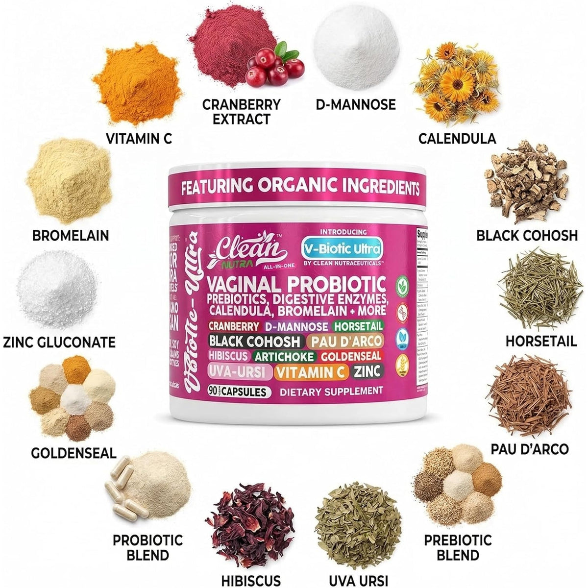 Clean Nutra Vaginal Probiotics for Women + Prebiotics Digestive Enzymes Bromelain Cranberry D Mannose Horsetail Black Cohosh Artichoke Hibiscus Flowers Probiotic for Digestive Health 90 Vegan Capsules