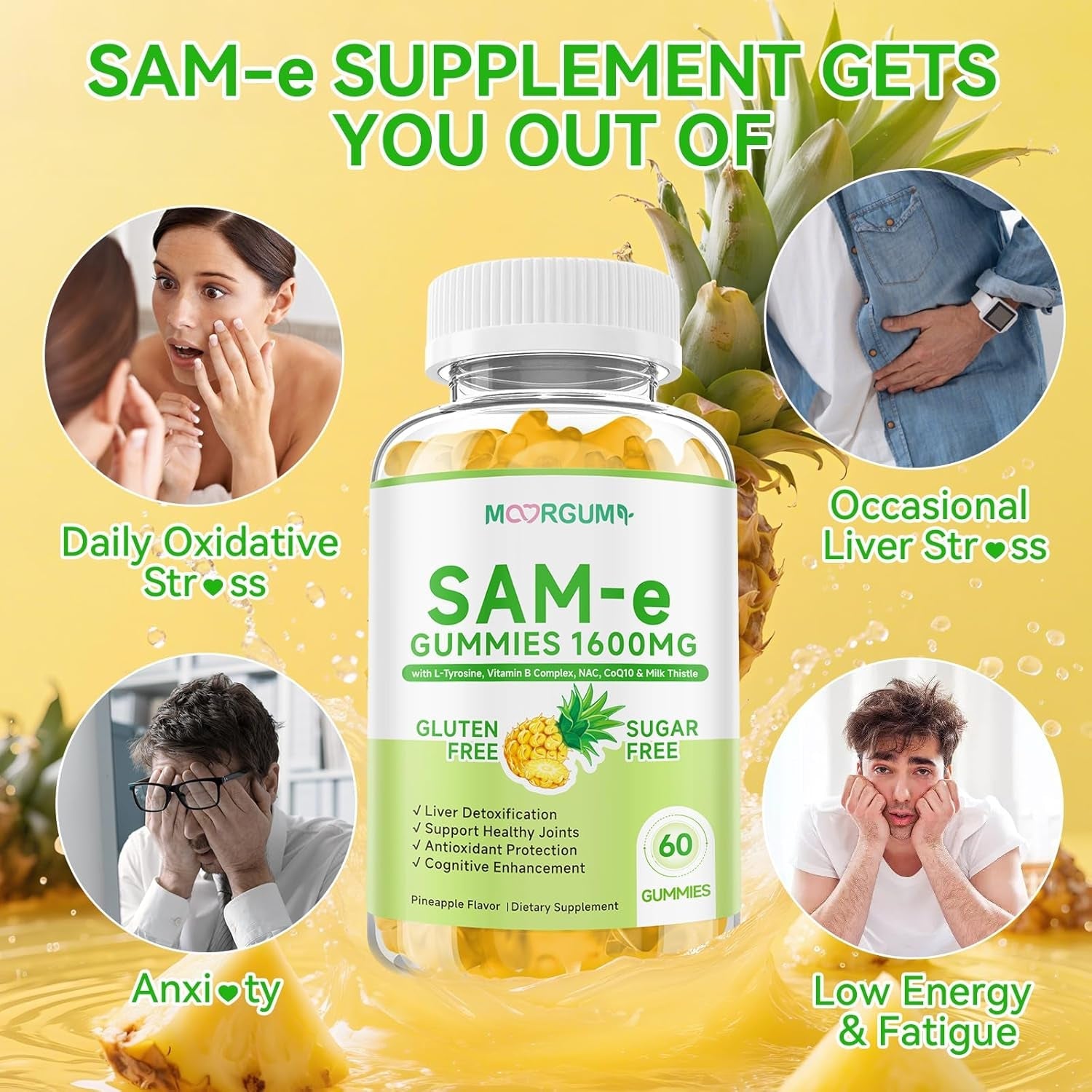 Sam-E L-Tyrosine Gummies with NAC, Coq10 & Vitamin B Complex, 1600Mg Sam-E, 1500Mg L-Tyrosine Supplement for Energy, Cellular Antioxidant Support, Emotional Well-Being Support, 120 Count