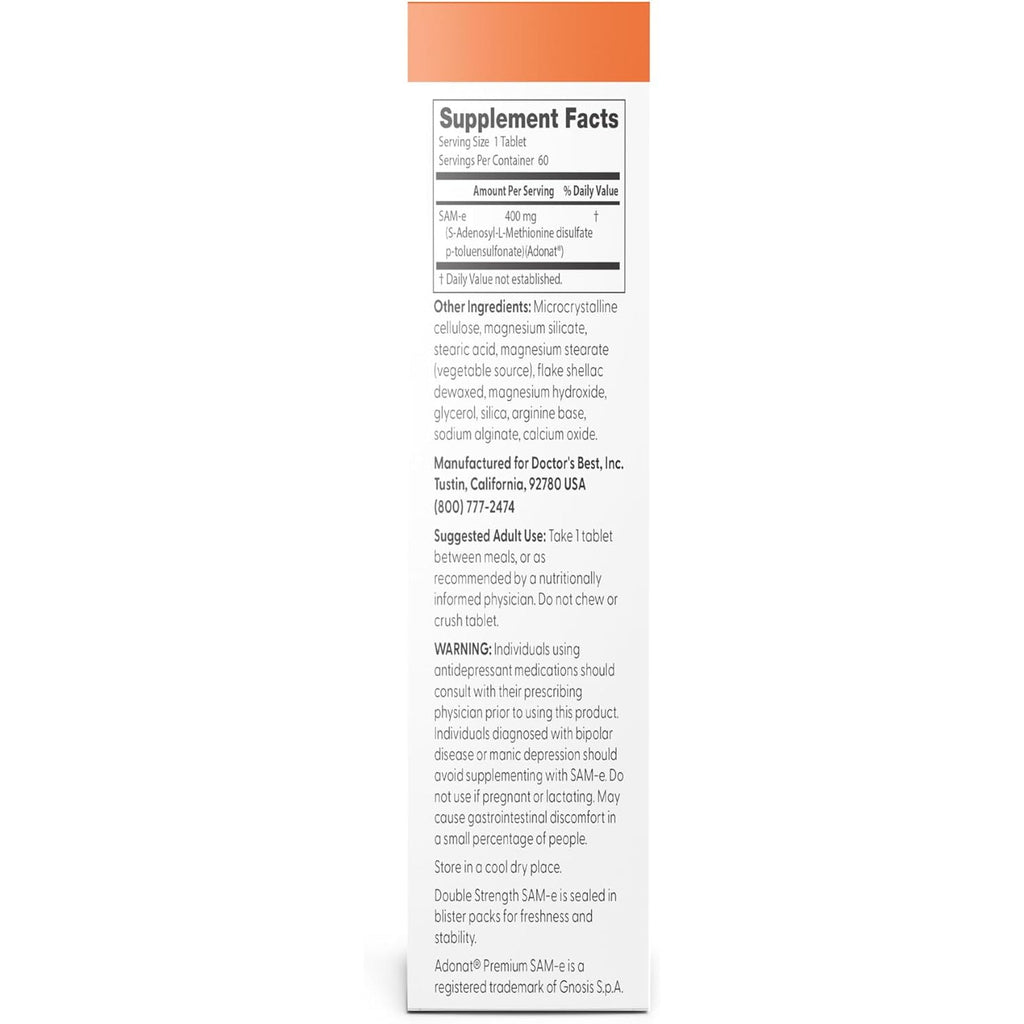 Doctor'S Best Sam-E 400 Mg, Vegan, Gluten Free, Soy Free, Mood and Joint Support, 60 Enteric Coated Tablets