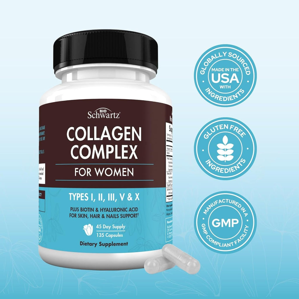 Bioschwartz Hydrolyzed Collagen Peptide Capsules - Multi Collagen Supplements for Women Types I, II, III, V, X with Vitamin C, Biotin, Keratin and Hyaluronic Acid for Skin, Hair & Nails - 135Ct
