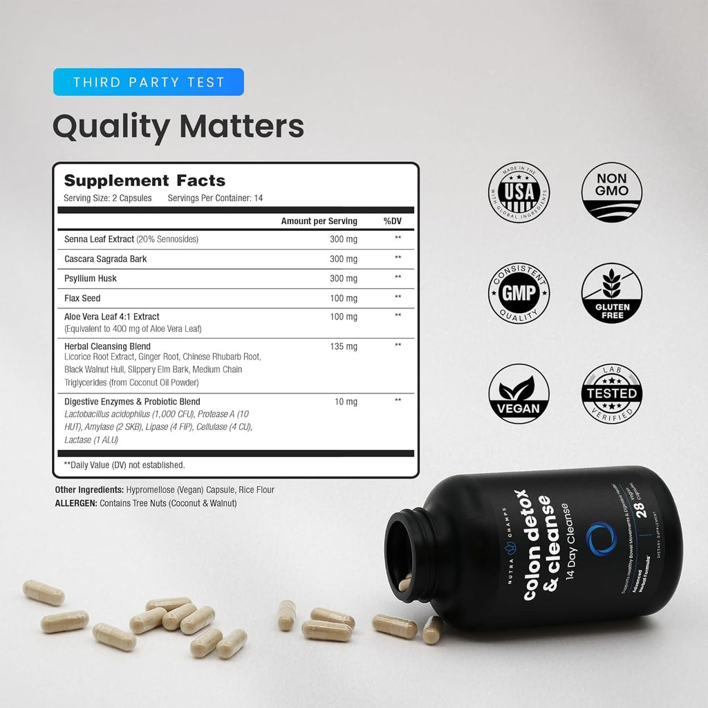 Nutrachamps Colon Cleanse & Detox for Weight Loss [14 Day Quick Cleanser] Safe & Effective Formula with Probiotic & Digestive Enzymes for Constipation Relief