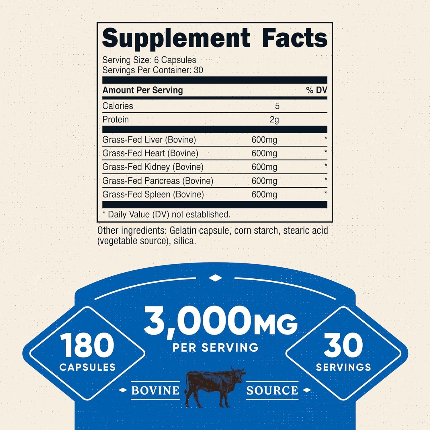 Nutricost Grass Fed Beef Organs Supplement (3,000Mg) 180 Capsules - Desiccated Bovine Organ Complex for Men and Women, Gmo-Free, Gluten-Free, 30 Servings