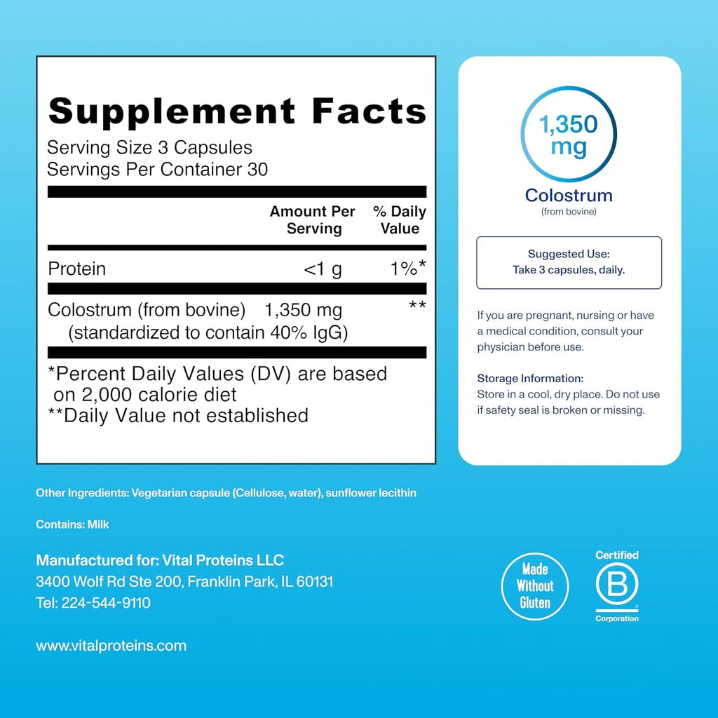 Vital Proteins Bovine Colostrum Supplement 90 Capsules for Gut Health, Immune Support with 40% Igg Premium Bovine Colostrum Superfood, Unflavored, 30 Servings