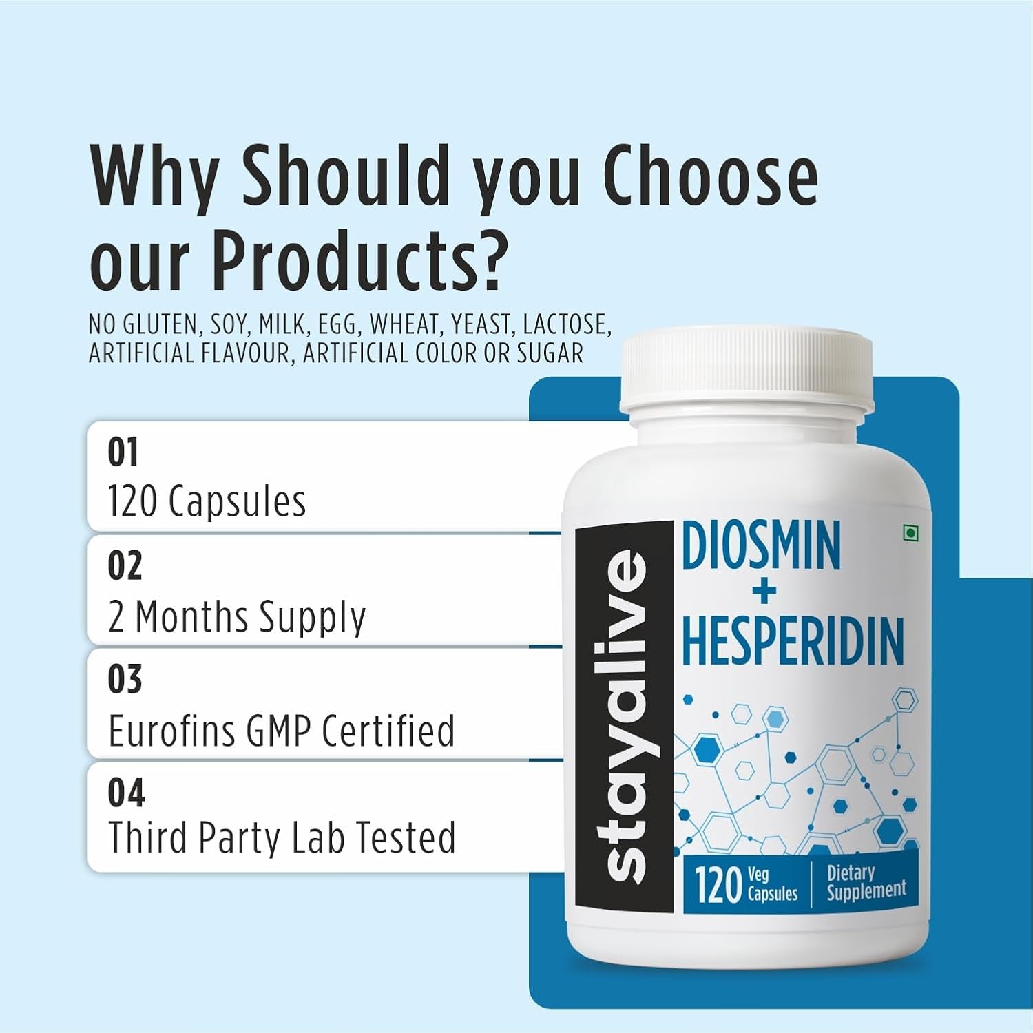 STAY ALIVE Diosmin Hesperidin 1000Mg Complex, 120 Count, Citrus Bioflavonoids Rich Fruit Extract, 2 Month Supply, 100% Vegetarian, Non-Gmo & Gluten Free Hesperidin and Diosmin Supplement Capsules