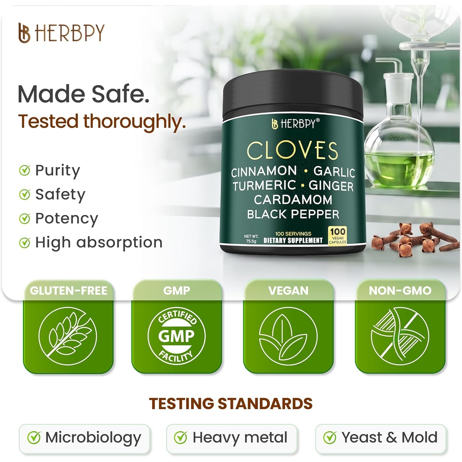 Herbpy 7In1 Clove Supplement 500Mg Rich in Vitamins & Minerals Supports Digestion, Immune & Heart Health with Cinnamon, Turmeric, Ginger, Cardamom, Garlic & Black Pepper - 100 Vegan Capsules