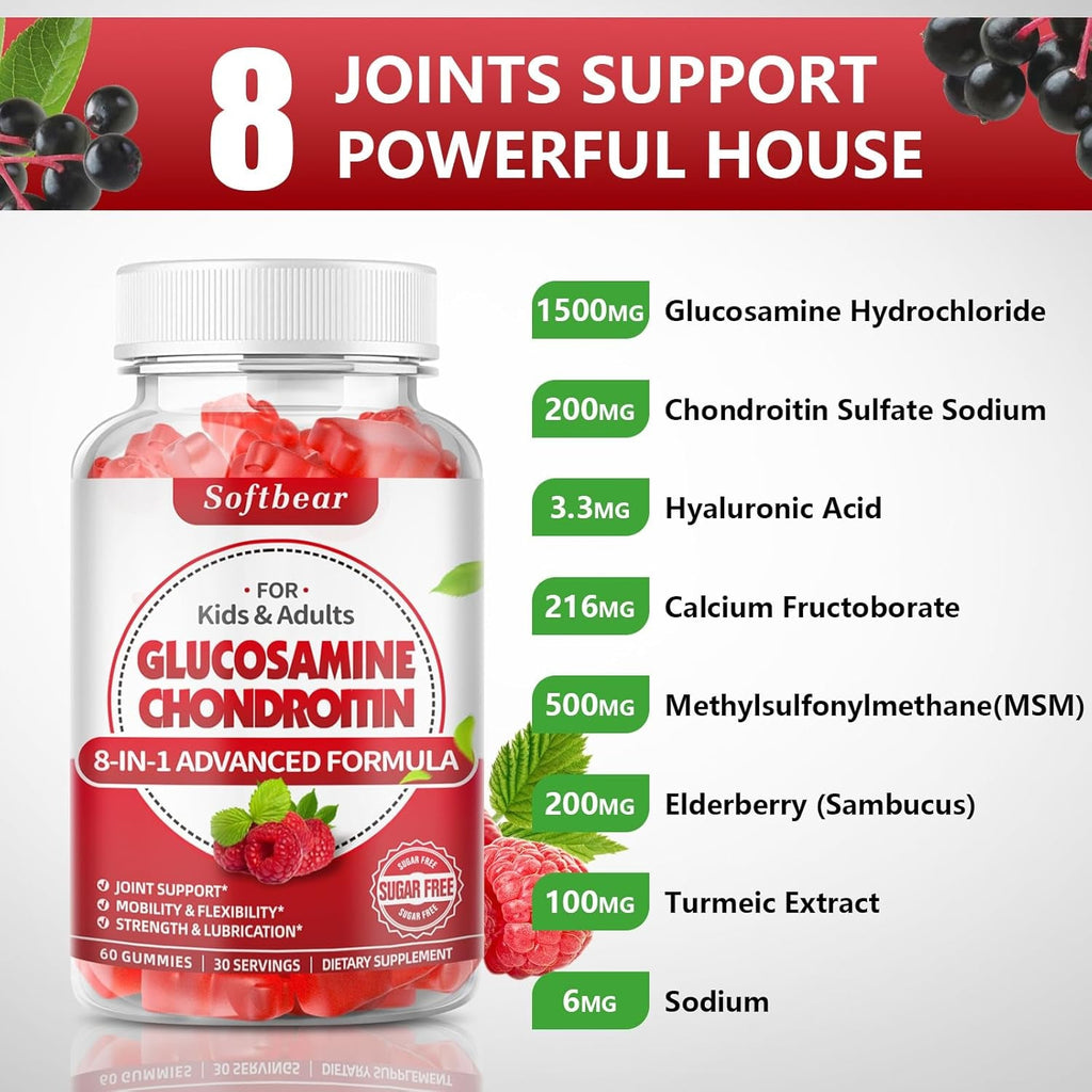 Softbear Glucosamine Chondroitin Gummies, Sugar Free Glucosamine Chondroitin MSM Supplement with Elderberry Turmeric Supports Joint Health & Antioxidant, Raspberry Flavored 60 Count
