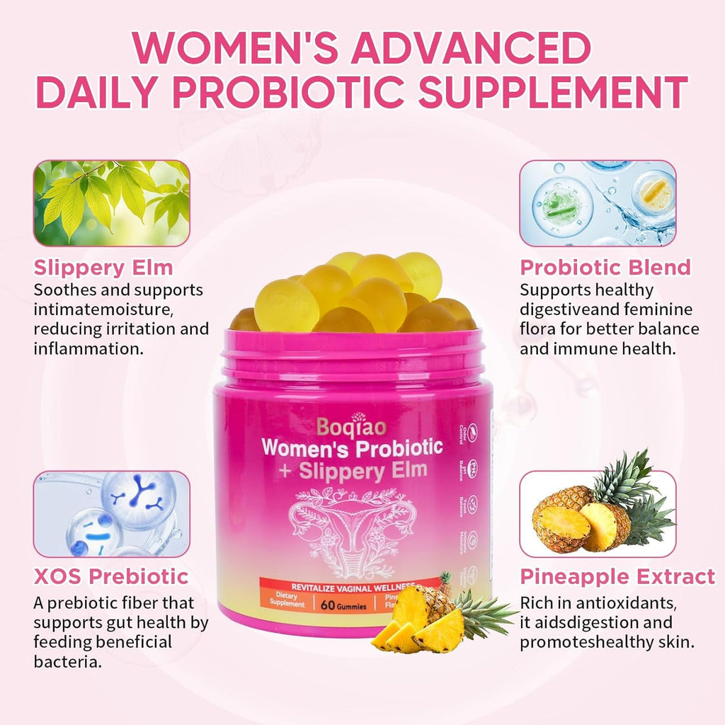 Feminine Probiotics Gummies with Slippery Elm - 60 Pineapple Gummies for Women Ph Balance, Vaginal Probiotics Supports Flora, Gut Health & Immune System, Prebiotics & Lactobacillus Blend (Pineapple)