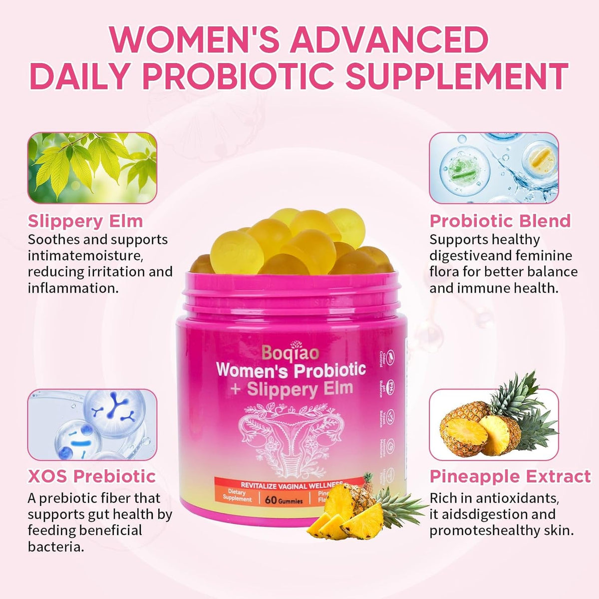 Feminine Probiotics Gummies with Slippery Elm - 60 Pineapple Gummies for Women Ph Balance, Vaginal Probiotics Supports Flora, Gut Health & Immune System, Prebiotics & Lactobacillus Blend (Pineapple)