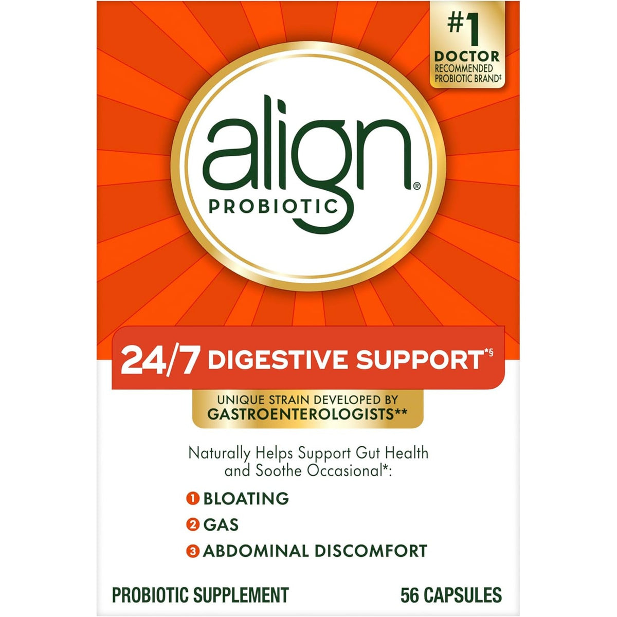 Align Probiotic, 24/7 Digestive Support*§, Probiotics for Women and Men, Probiotics for Digestive Health, Men and Womens Probiotic Capsules Help Relieve Occasional Bloating & Gas*, 56 Capsules