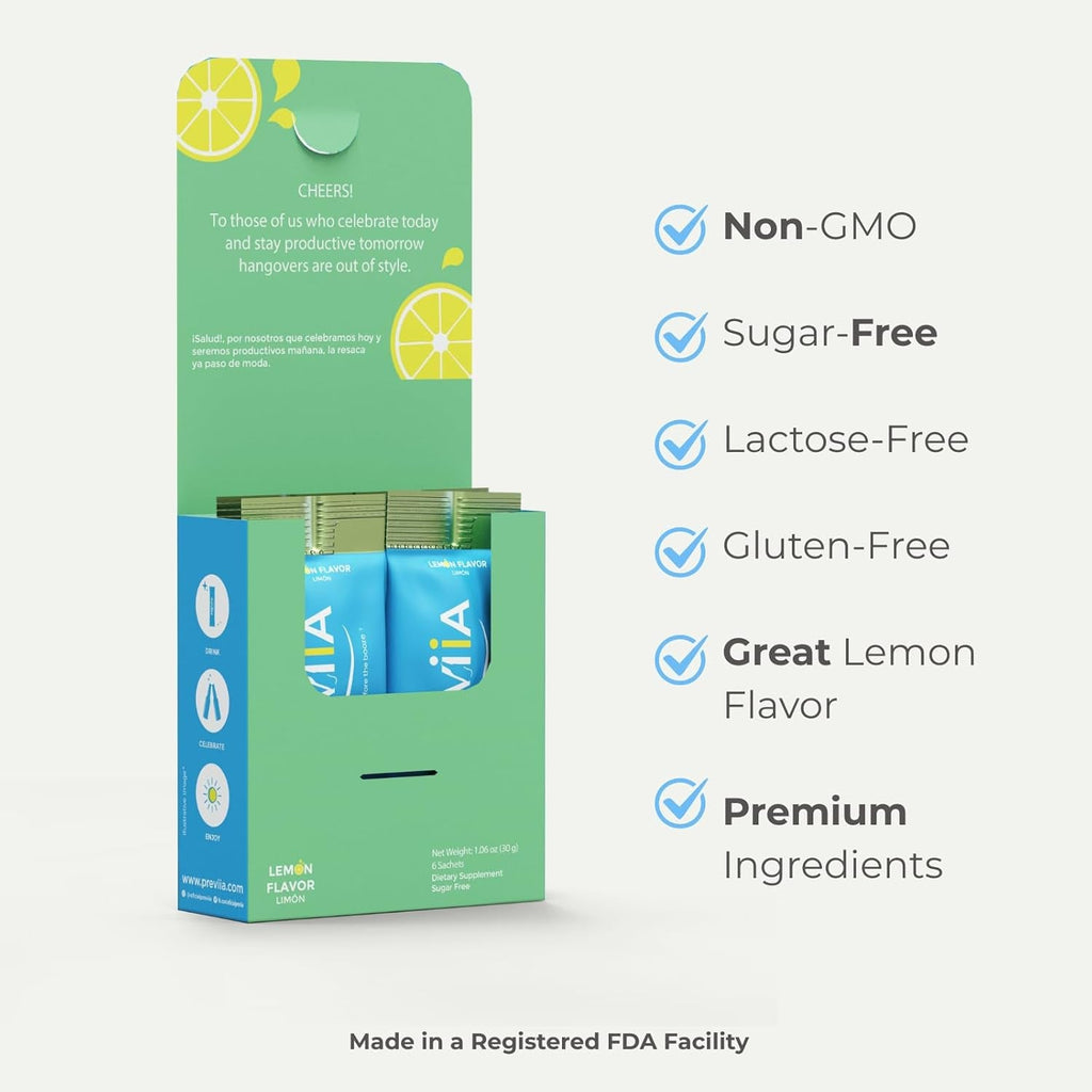 Previia – Pre-Drink Supplement | Nutrients before Social Drinking | Cysteine, Choline, B-Complex, Magnesium, VIT C | Lemon Flavor | Soluble Drink | 6 Doses | Feel Better after Drinking