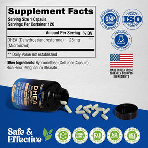 DHEA 25Mg - Micronized DHEA Supplement for Women & Men - Clinically Proven Strength & Bioavailable - Healthy Aging, Hormone Balance & Energy Level Support - Lab Tested - Vegan & NON-GMO - 120 Capsules
