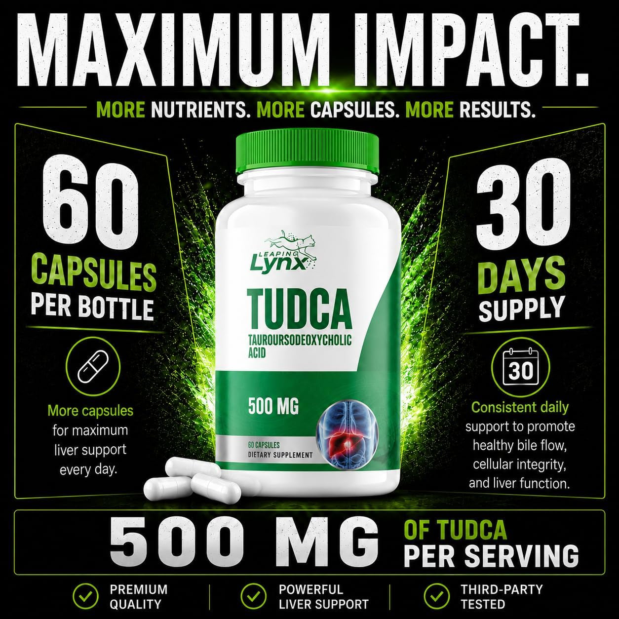 Leaping Lynx TUDCA 500Mg – Tauroursodeoxycholic Acid Supplement – 60 Capsules – TUDCA Liver Support Supplement – Bile Acid Digestive Support – Non-Gmo, Iso-Certified