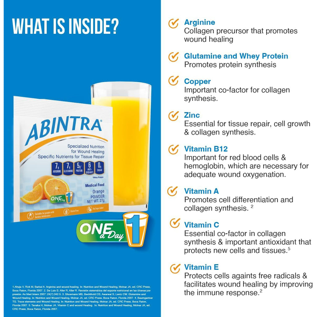 ABINTRA Specialized Nutrition for Wound Healing Includes L-Arginine, Orange Flavor, 6 Packets, 27G Each