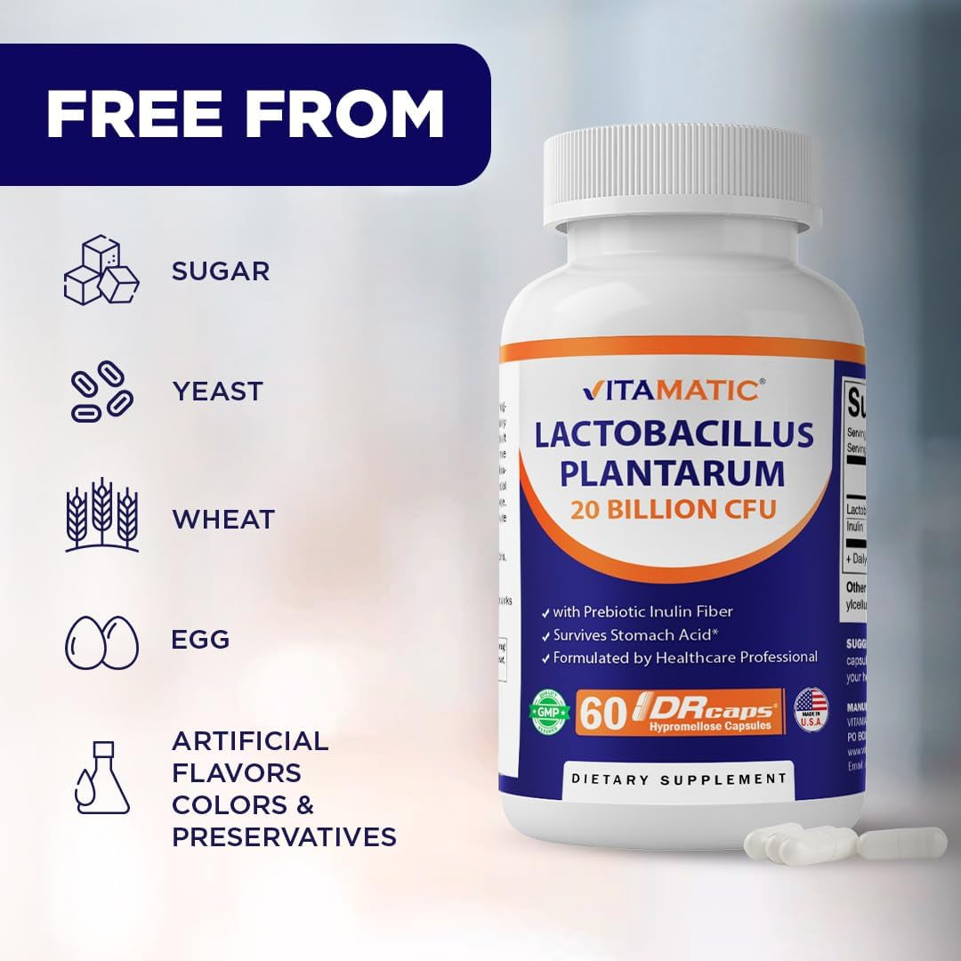 Vitamatic Lactobacillus Plantarum - 20 Billion per DR Capsule - 60 Count - Digestive Support - Made with Prebiotic Inulin Fiber
