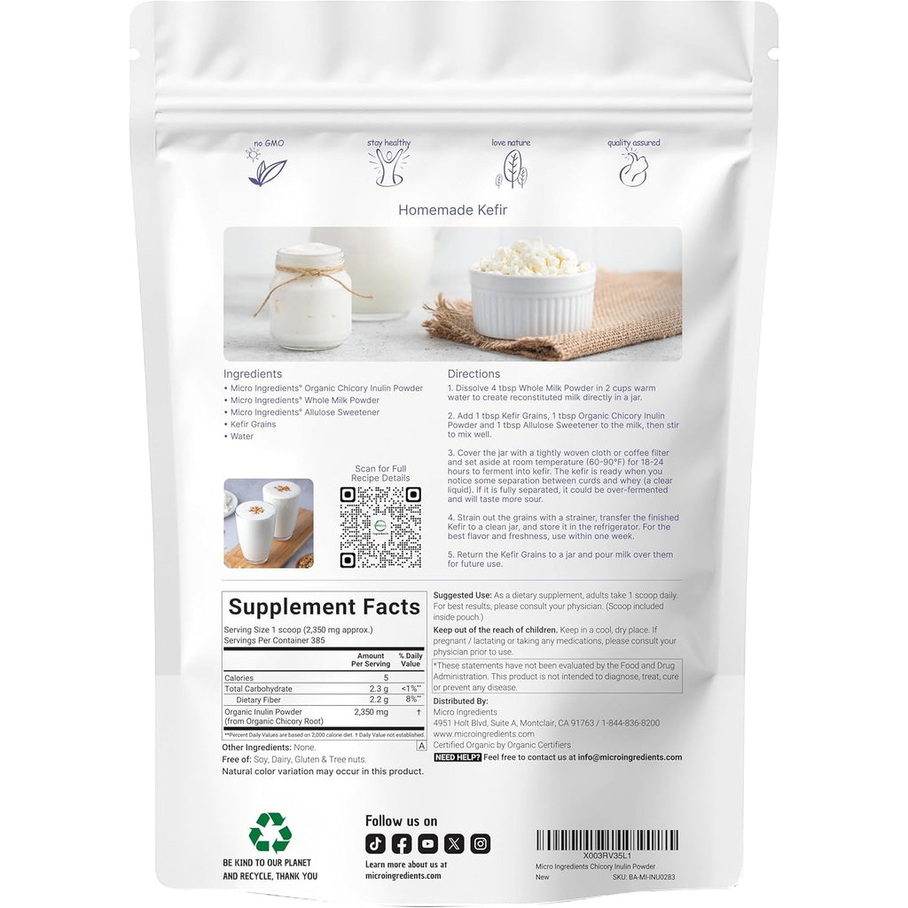 Micro Ingredients Organic Inulin Fiber Powder, 2Lb | Natural Prebiotic to Support Digestive & Gut Health | Soluble, Easily Digestible | Unflavored, Vegan