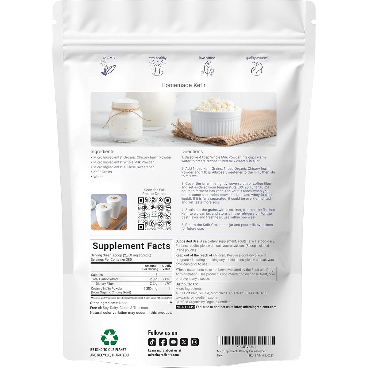Micro Ingredients Organic Inulin Fiber Powder, 2Lb | Natural Prebiotic to Support Digestive & Gut Health | Soluble, Easily Digestible | Unflavored, Vegan
