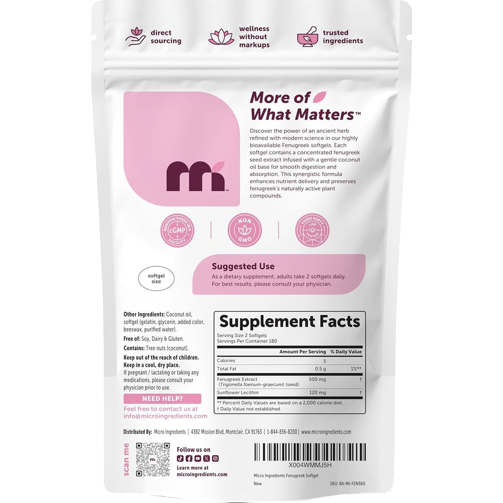 Micro Ingredients Fenugreek with Sunflower Lecithin, 360 Softgels, 6 Month Supply | Fenugreek Seed Extract for Breastfeeding & Lactation Support* | Made with Coconut Oil | Non-Gmo