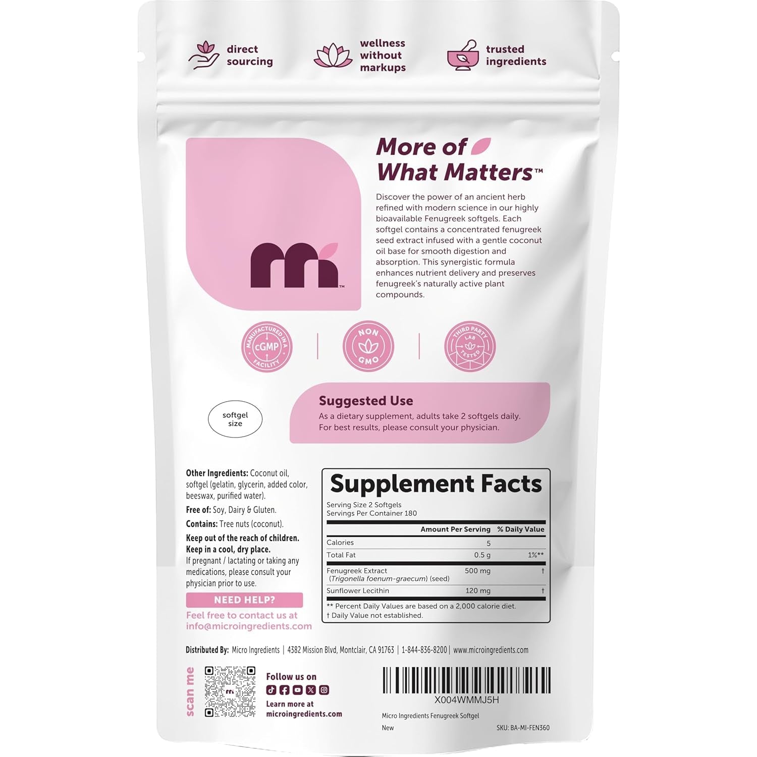 Micro Ingredients Fenugreek with Sunflower Lecithin, 360 Softgels, 6 Month Supply | Fenugreek Seed Extract for Breastfeeding & Lactation Support* | Made with Coconut Oil | Non-Gmo