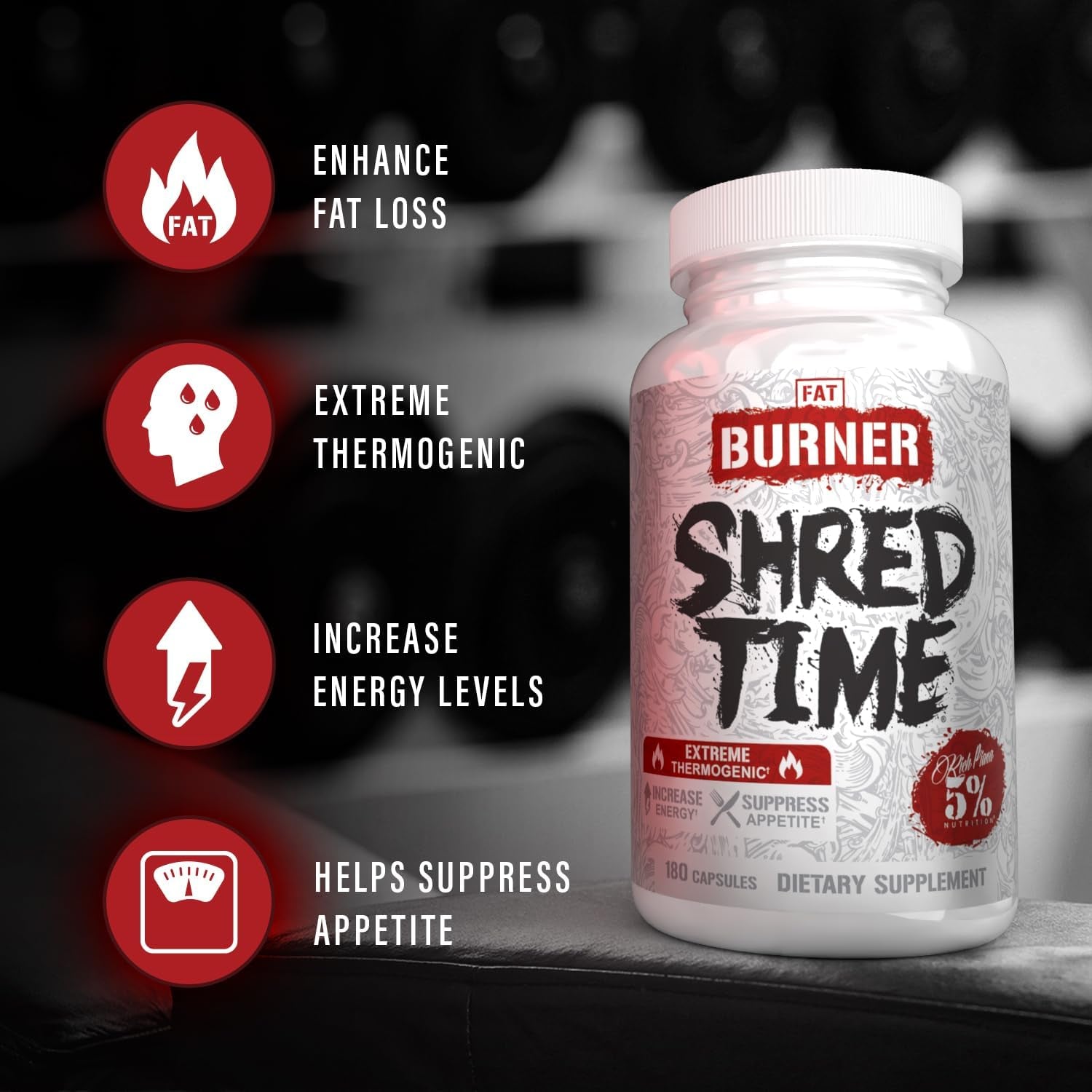 5% Nutrition Shred Time Fat Burner | Green Tea, Coffee Bean, Cayenne, Theobromine, GBB | Appetite Suppression | 30 Servings (180 Capsules)