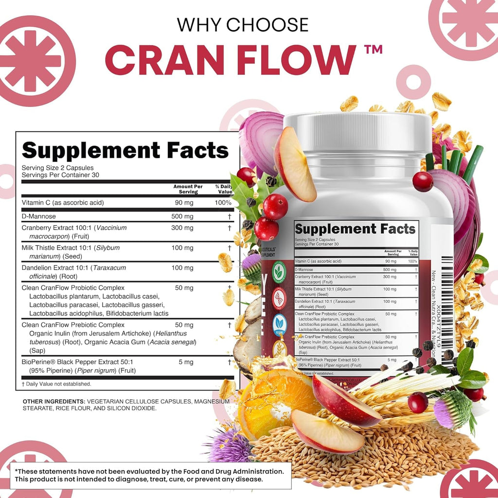 Cran Flow Cranberry Pills for Urinary Health D-Mannose Milk Thistle Dandelion Inulin Vitamin C Prebiotics and Probiotics Bladder Support by Clean Nutra