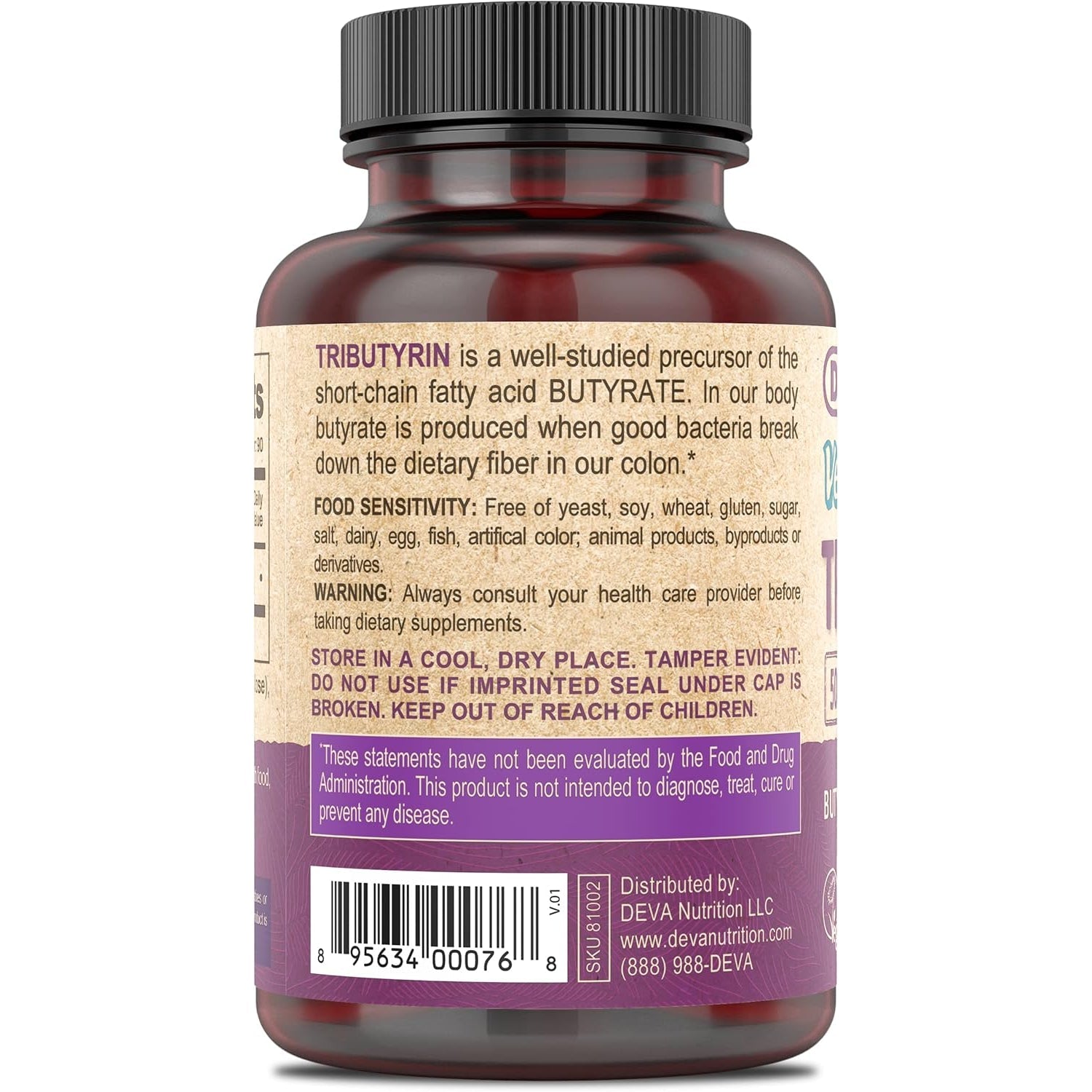 DEVA Vegan Tributyrin Supplement - Butyrate Precursor, Gut Barrier Support, Butyric Acid, 500 MG Vegan Capsules, Leaky Gut Support, Digestion, 90 Count