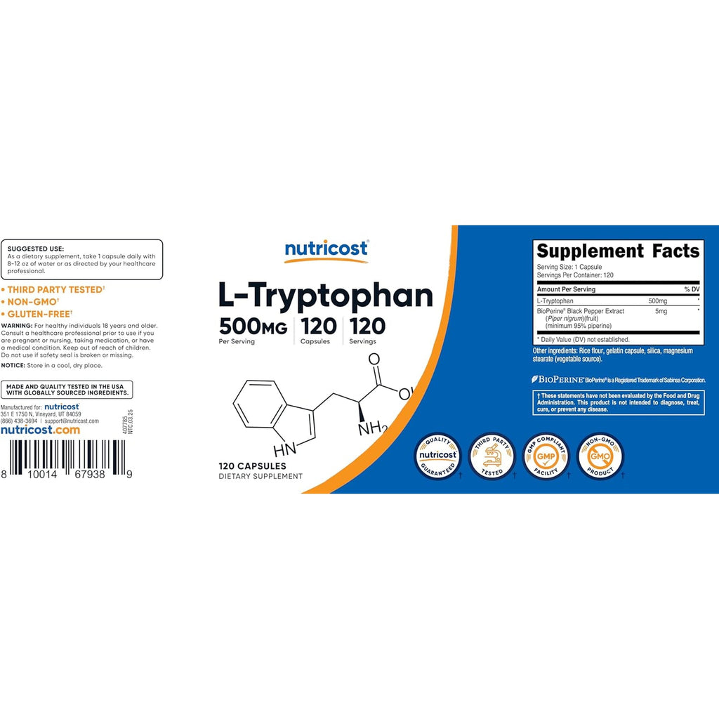 Nutricost L-Tryptophan 500Mg, 120 Capsules - with Bioperine, Gluten Free, Non-Gmo